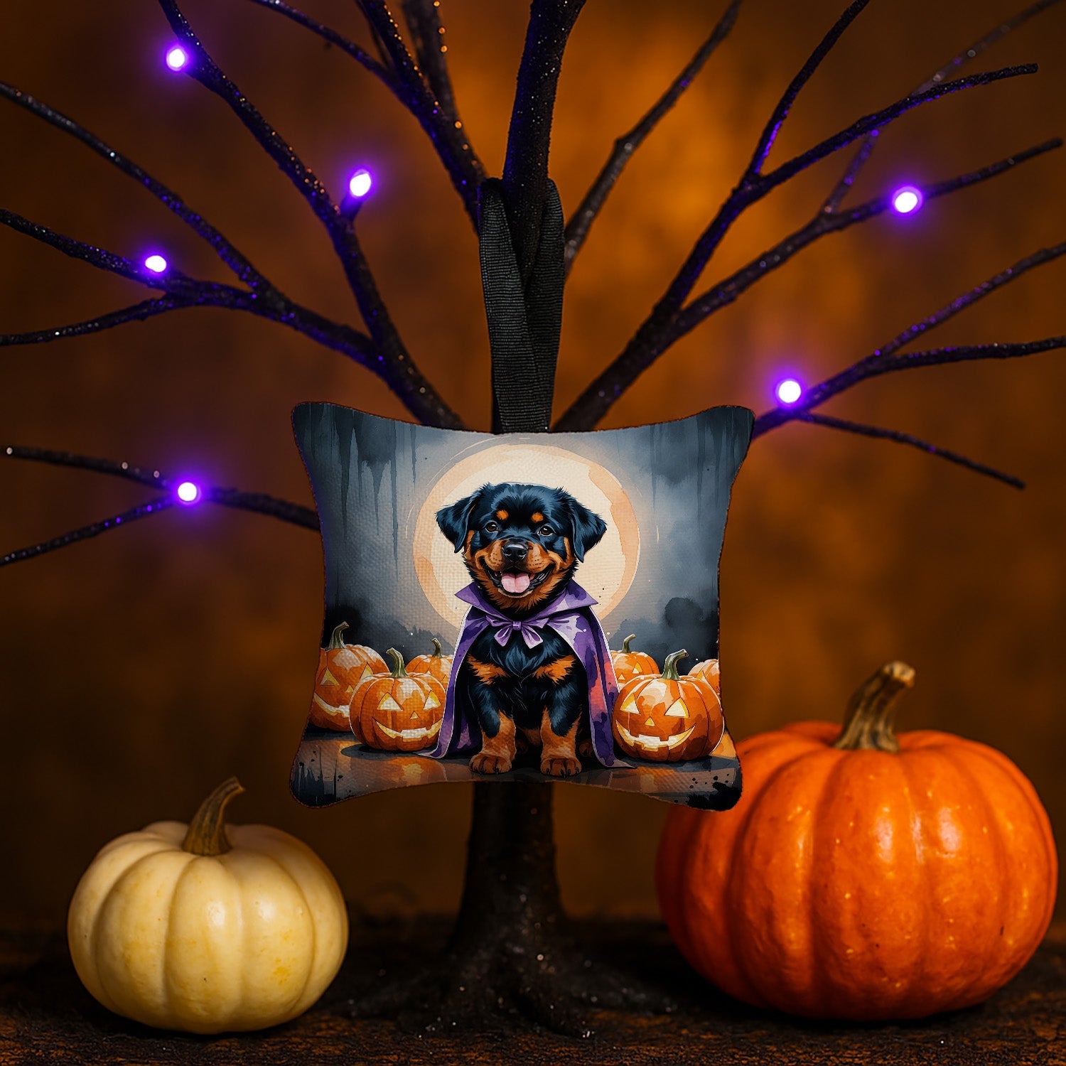 Rottweiler Puppy Halloween Hanging Square Fabric Ornament 3.5 × 3.5 Decorative Door-Knob & Tree Hanger, Soft Fabric