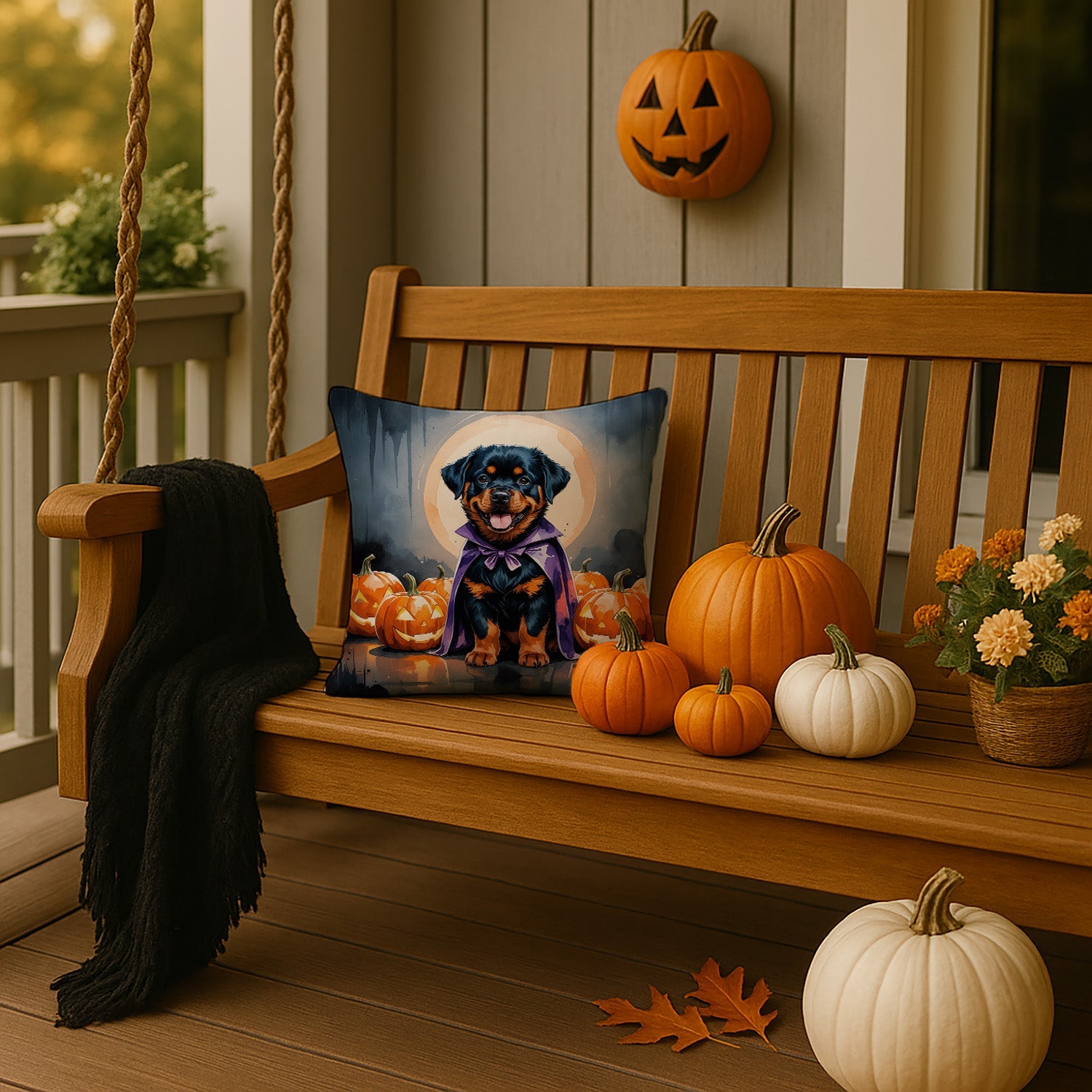 Rottweiler Puppy Halloween Decorative Throw Pillow 14x14 Indoor Outdoor Accent Cushion, Fabric Cover with Insert for Sofa, Bed, Porch & Living Room