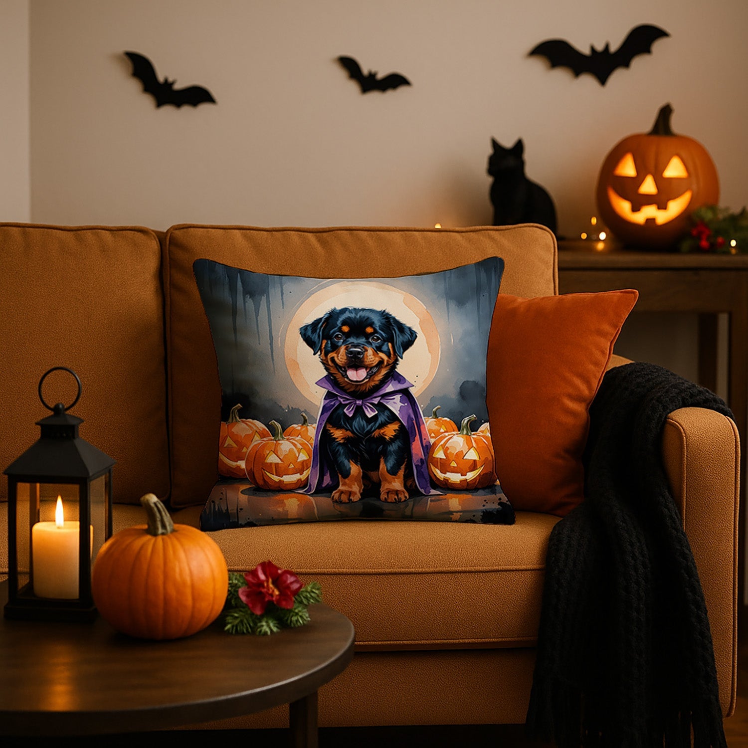 Rottweiler Puppy Halloween Decorative Throw Pillow 18x18 Indoor Outdoor Accent Cushion, Fabric Cover with Insert for Sofa, Bed, Porch & Living Room