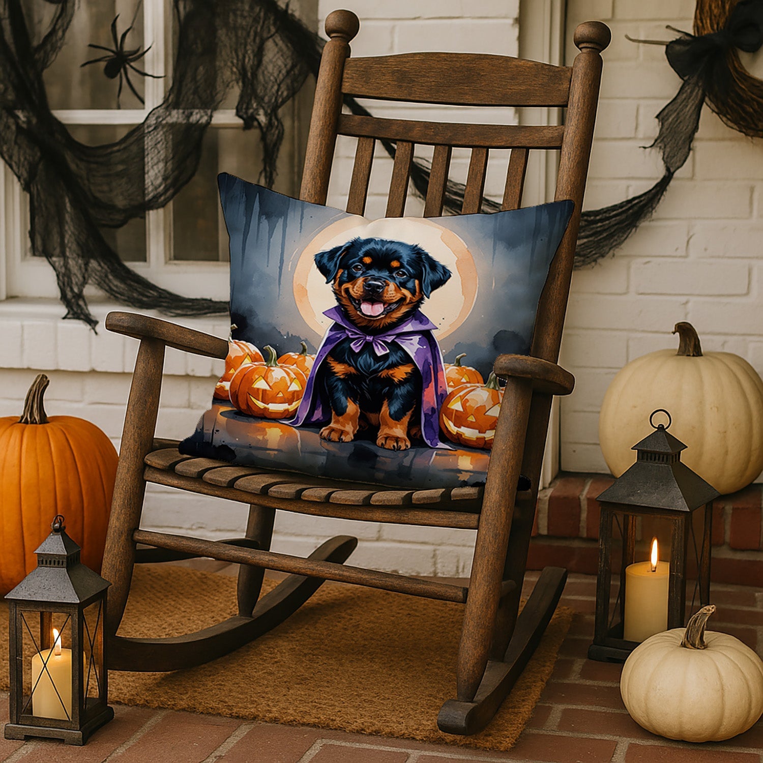 Rottweiler Puppy Halloween Decorative Throw Pillow 18x18 Indoor Outdoor Accent Cushion, Fabric Cover with Insert for Sofa, Bed, Porch & Living Room