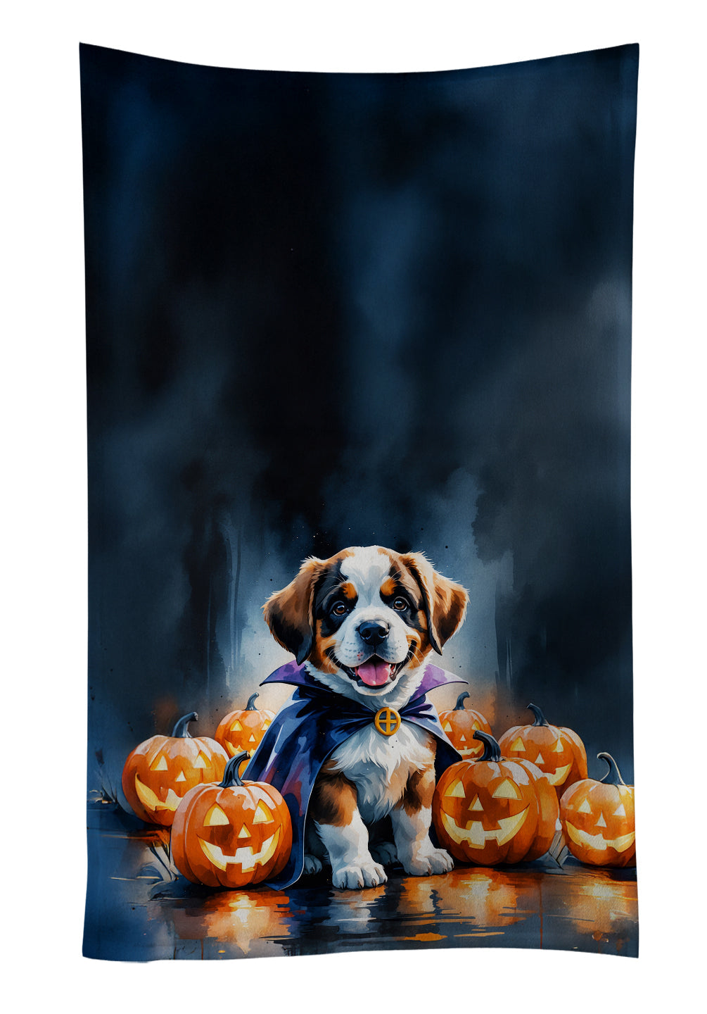 Saint Bernard Puppy Halloween Kitchen Towel Velour Plush Front and Cotton Loop Back Machine Washable