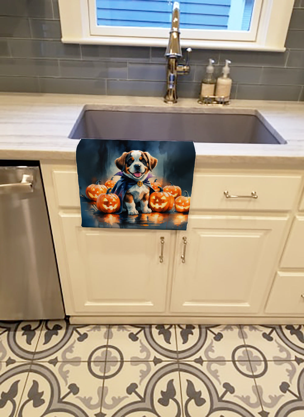 Saint Bernard Puppy Halloween Kitchen Towel Velour Plush Front and Cotton Loop Back Machine Washable