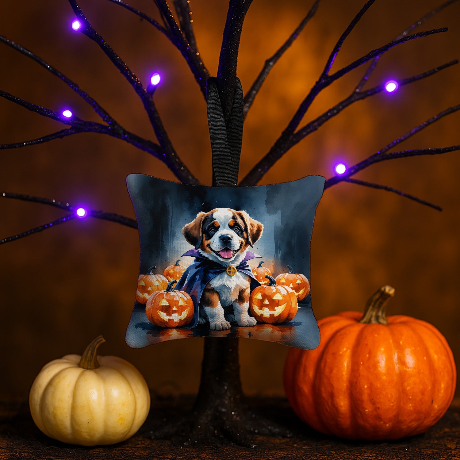 Saint Bernard Puppy Halloween Hanging Square Fabric Ornament 3.5 × 3.5 Decorative Door-Knob & Tree Hanger, Soft Fabric