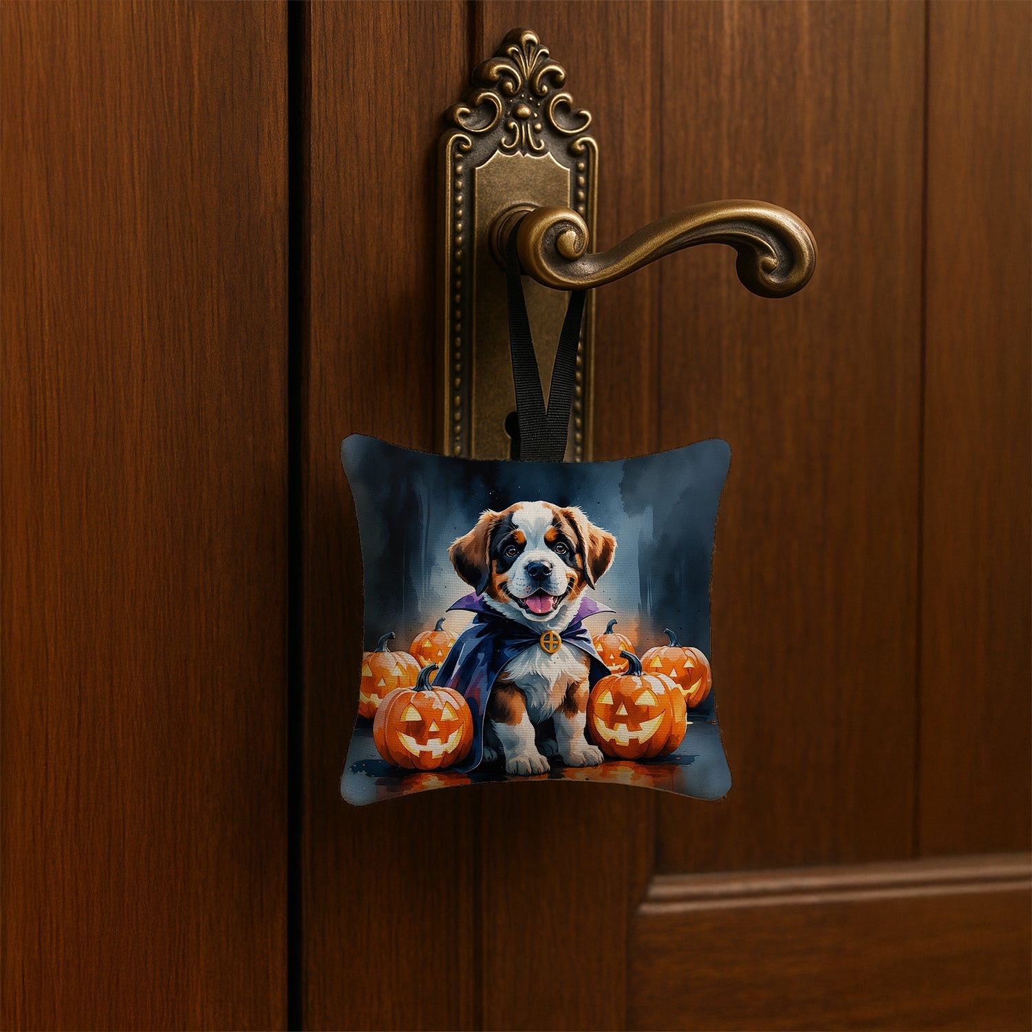 Saint Bernard Puppy Halloween Hanging Square Fabric Ornament 3.5 × 3.5 Decorative Door-Knob & Tree Hanger, Soft Fabric