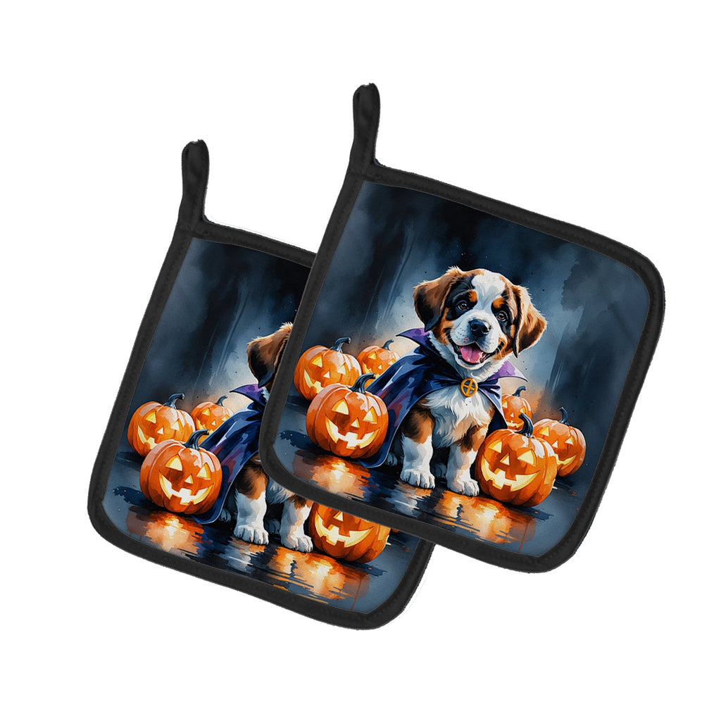 Saint Bernard Puppy Halloween Pot Holder Set of 2 Heat Resistant Quilted Hot Pads 7.5 x 7.5 Inch, Insulated Kitchen Trivets for Cooking & Baking