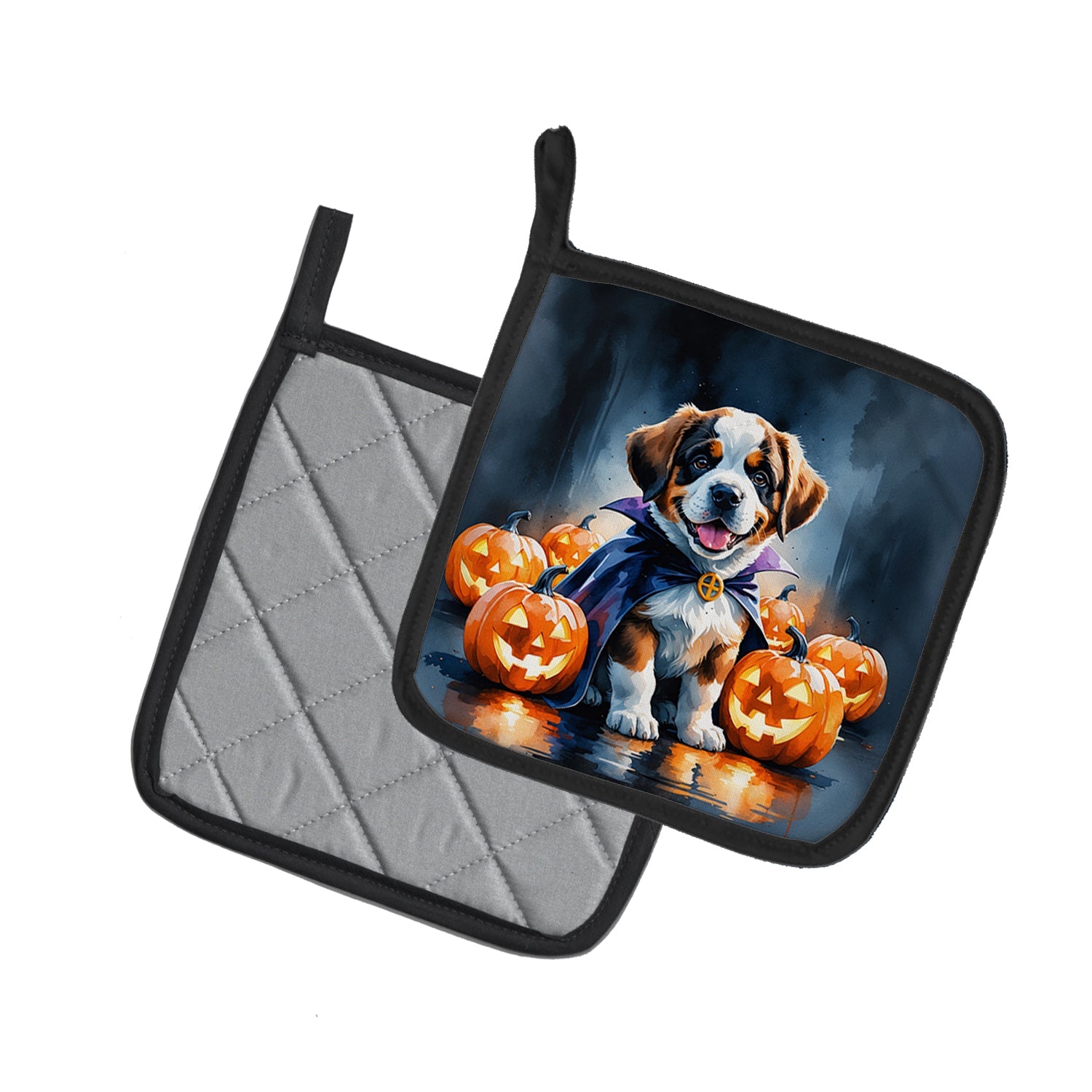 Saint Bernard Puppy Halloween Pot Holder Set of 2 Heat Resistant Quilted Hot Pads 7.5 x 7.5 Inch, Insulated Kitchen Trivets for Cooking & Baking