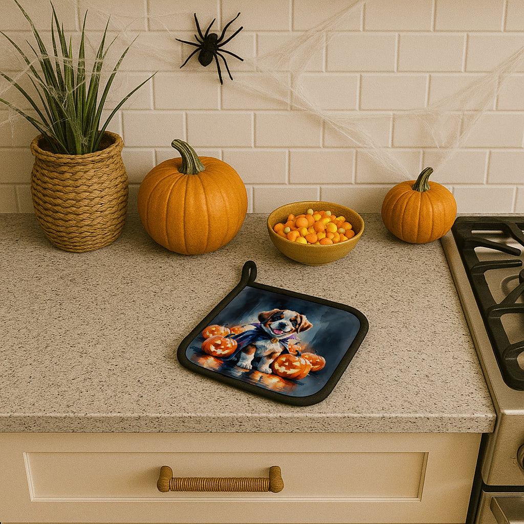 Saint Bernard Puppy Halloween Pot Holder Set of 2 Heat Resistant Quilted Hot Pads 7.5 x 7.5 Inch, Insulated Kitchen Trivets for Cooking & Baking
