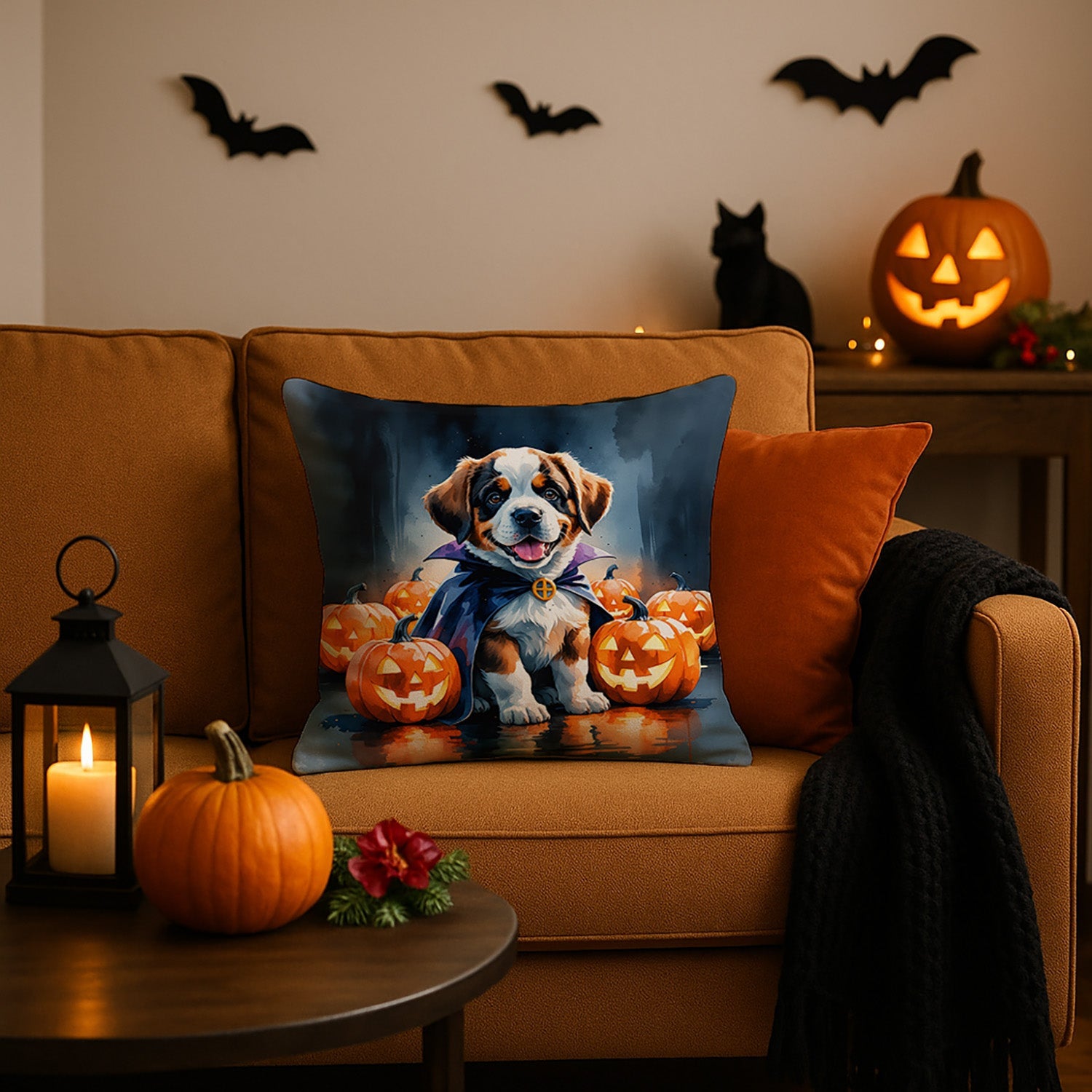 Saint Bernard Puppy Halloween Decorative Throw Pillow 18x18 Indoor Outdoor Accent Cushion, Fabric Cover with Insert for Sofa, Bed, Porch & Living Room