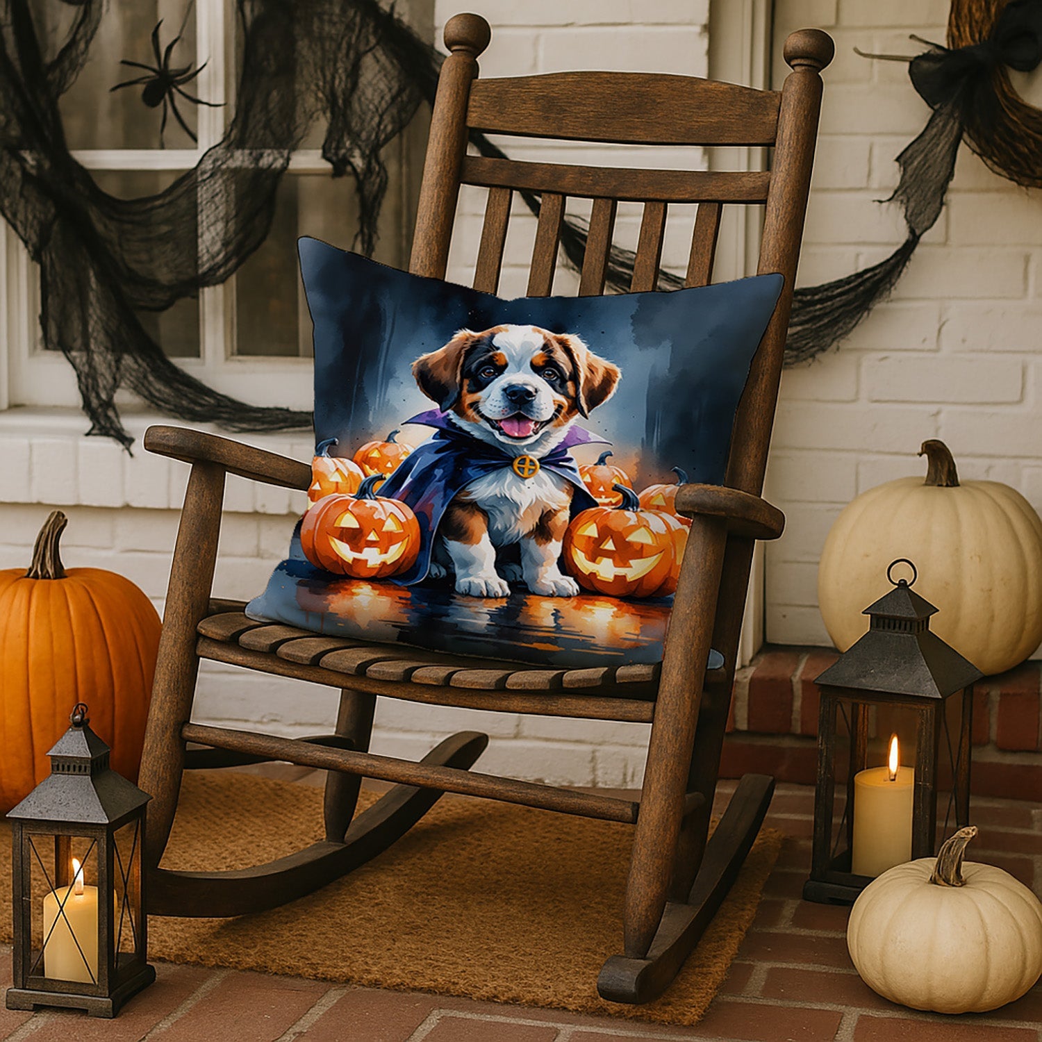 Saint Bernard Puppy Halloween Decorative Throw Pillow 18x18 Indoor Outdoor Accent Cushion, Fabric Cover with Insert for Sofa, Bed, Porch & Living Room