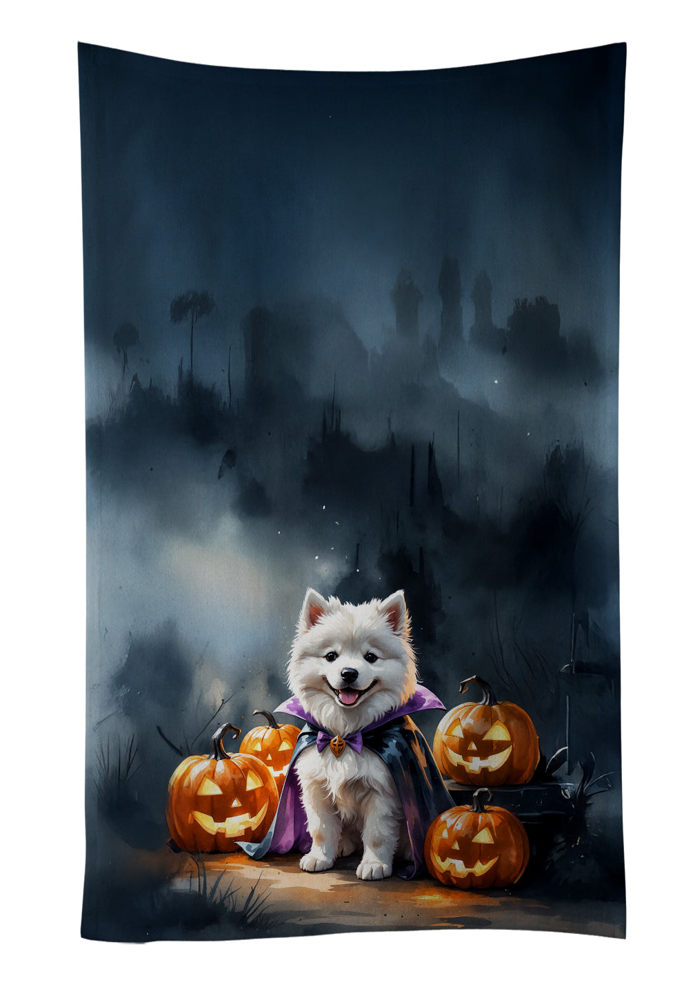 Samoyed Puppy Halloween Kitchen Towel Velour Plush Front and Cotton Loop Back Machine Washable