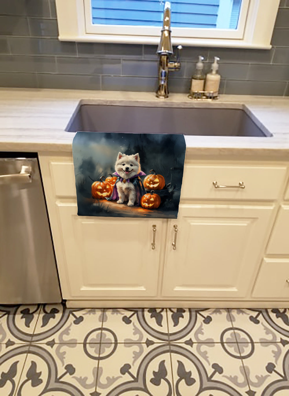 Samoyed Puppy Halloween Kitchen Towel Velour Plush Front and Cotton Loop Back Machine Washable