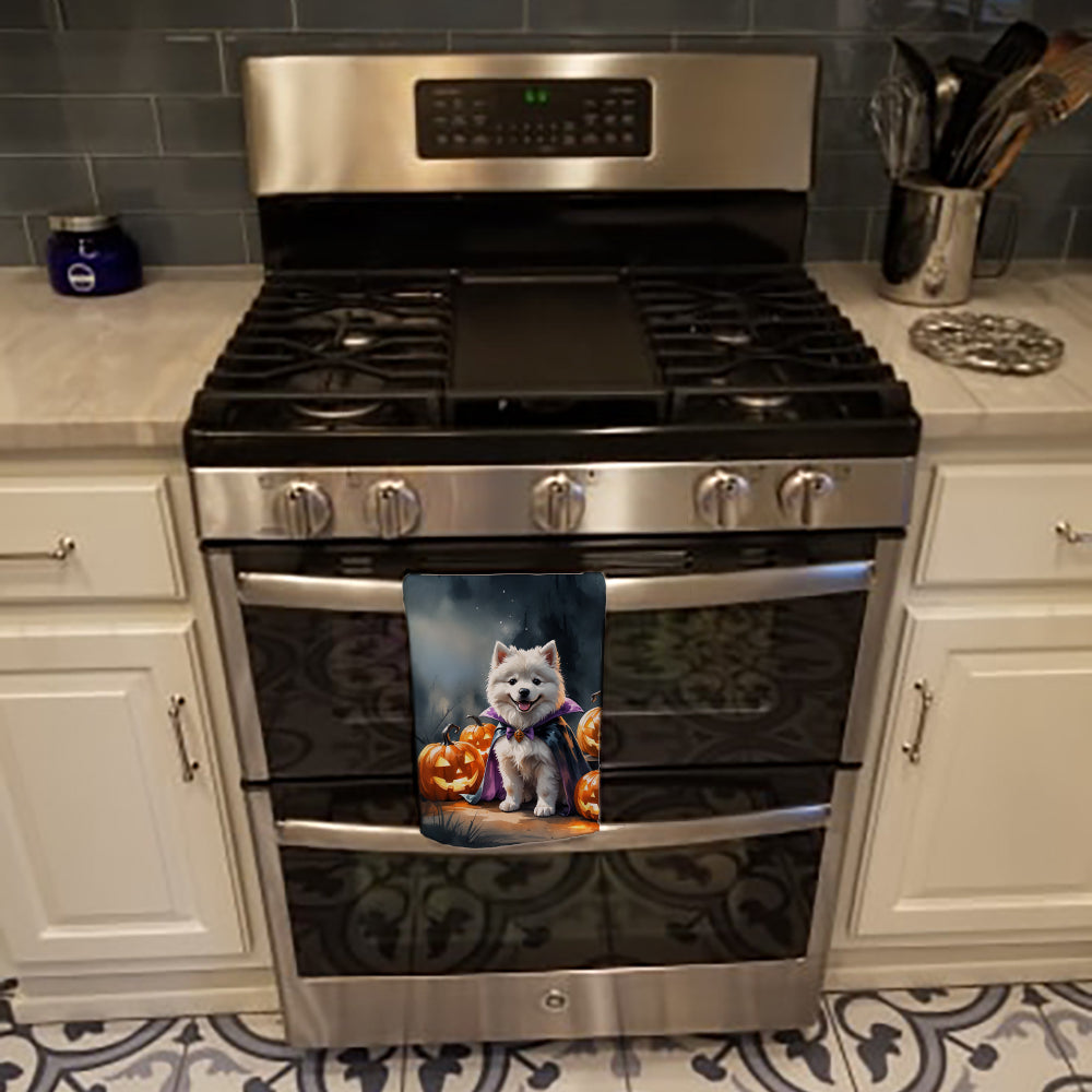 Samoyed Puppy Halloween Kitchen Towel Velour Plush Front and Cotton Loop Back Machine Washable