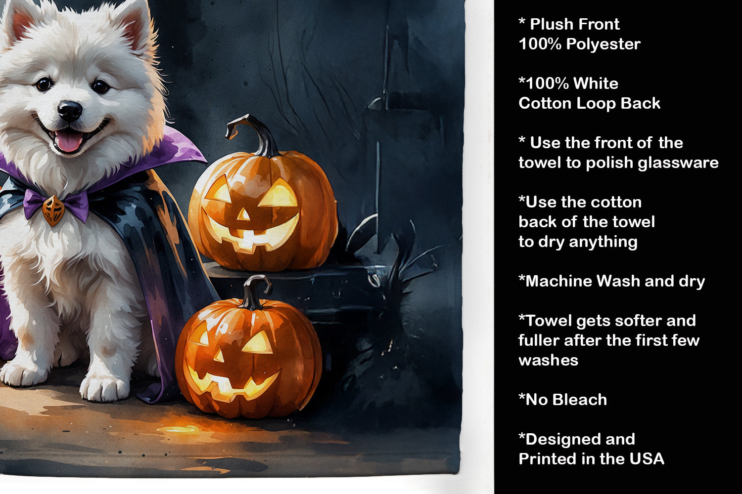 Samoyed Puppy Halloween Kitchen Towel Velour Plush Front and Cotton Loop Back Machine Washable