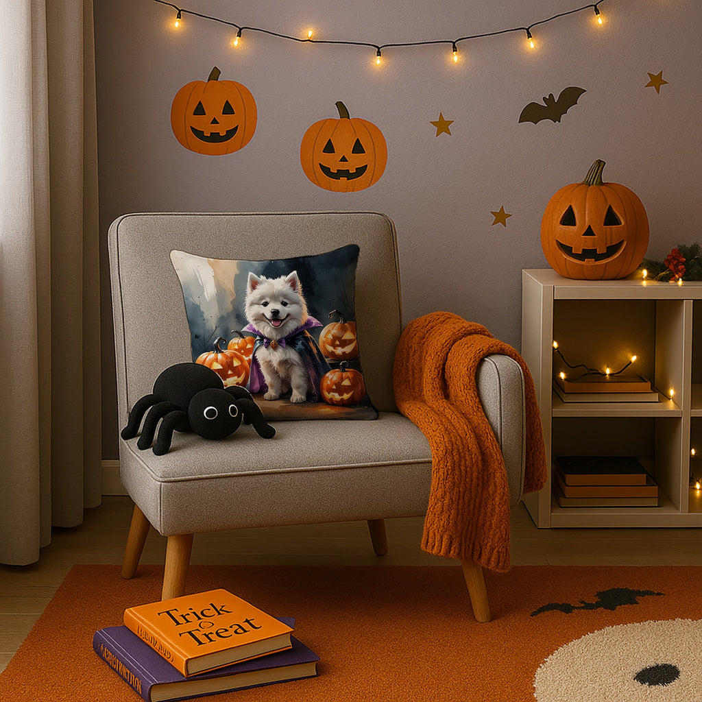 Samoyed Puppy Halloween Decorative Throw Pillow 14x14 Indoor Outdoor Accent Cushion, Fabric Cover with Insert for Sofa, Bed, Porch & Living Room