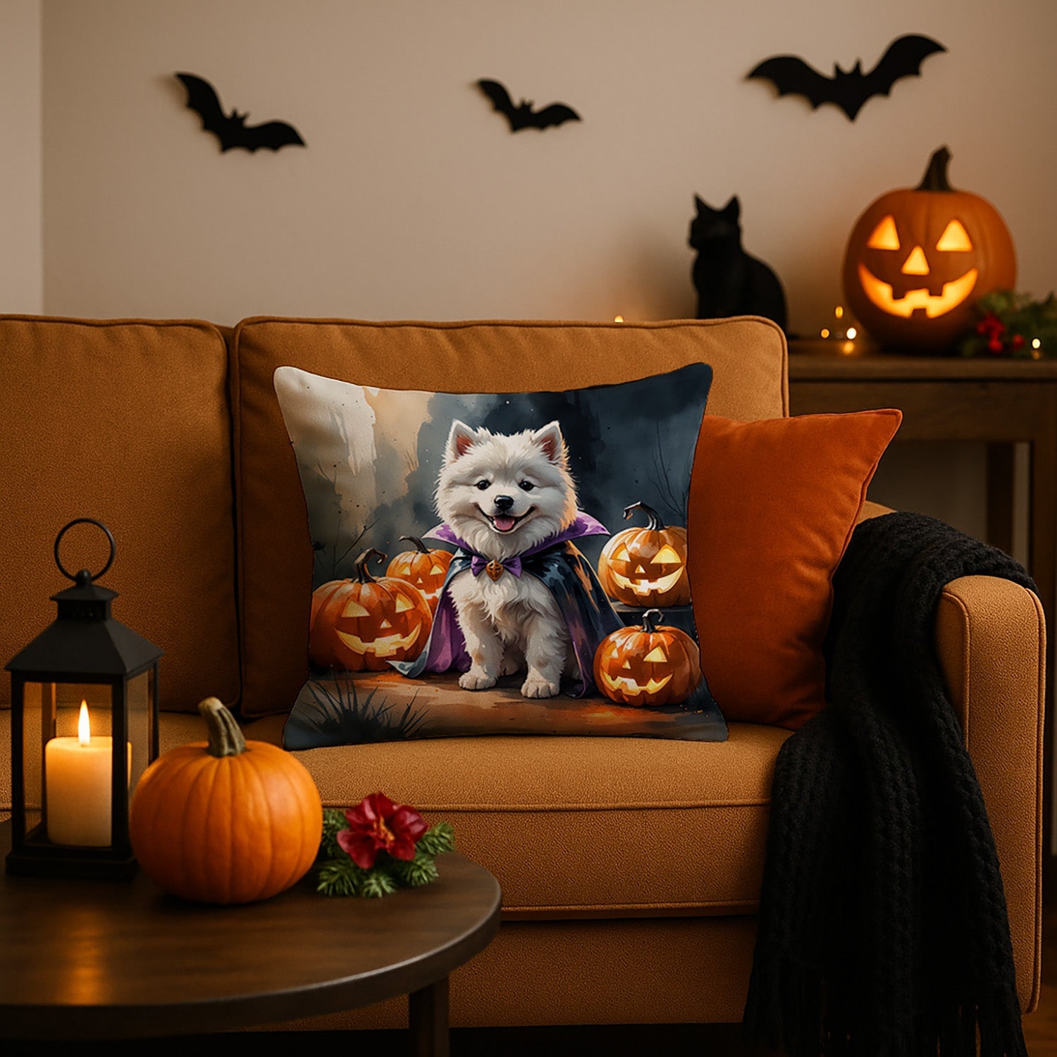 Samoyed Puppy Halloween Decorative Throw Pillow 18x18 Indoor Outdoor Accent Cushion, Fabric Cover with Insert for Sofa, Bed, Porch & Living Room