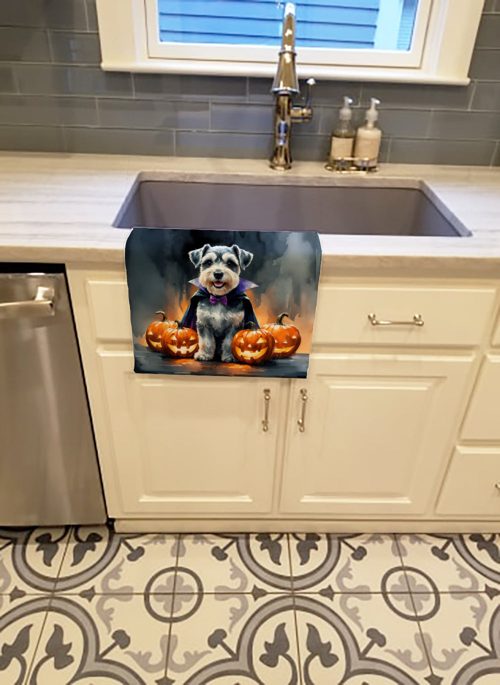Schnauzer Puppy Halloween Kitchen Towel Velour Plush Front and Cotton Loop Back Machine Washable