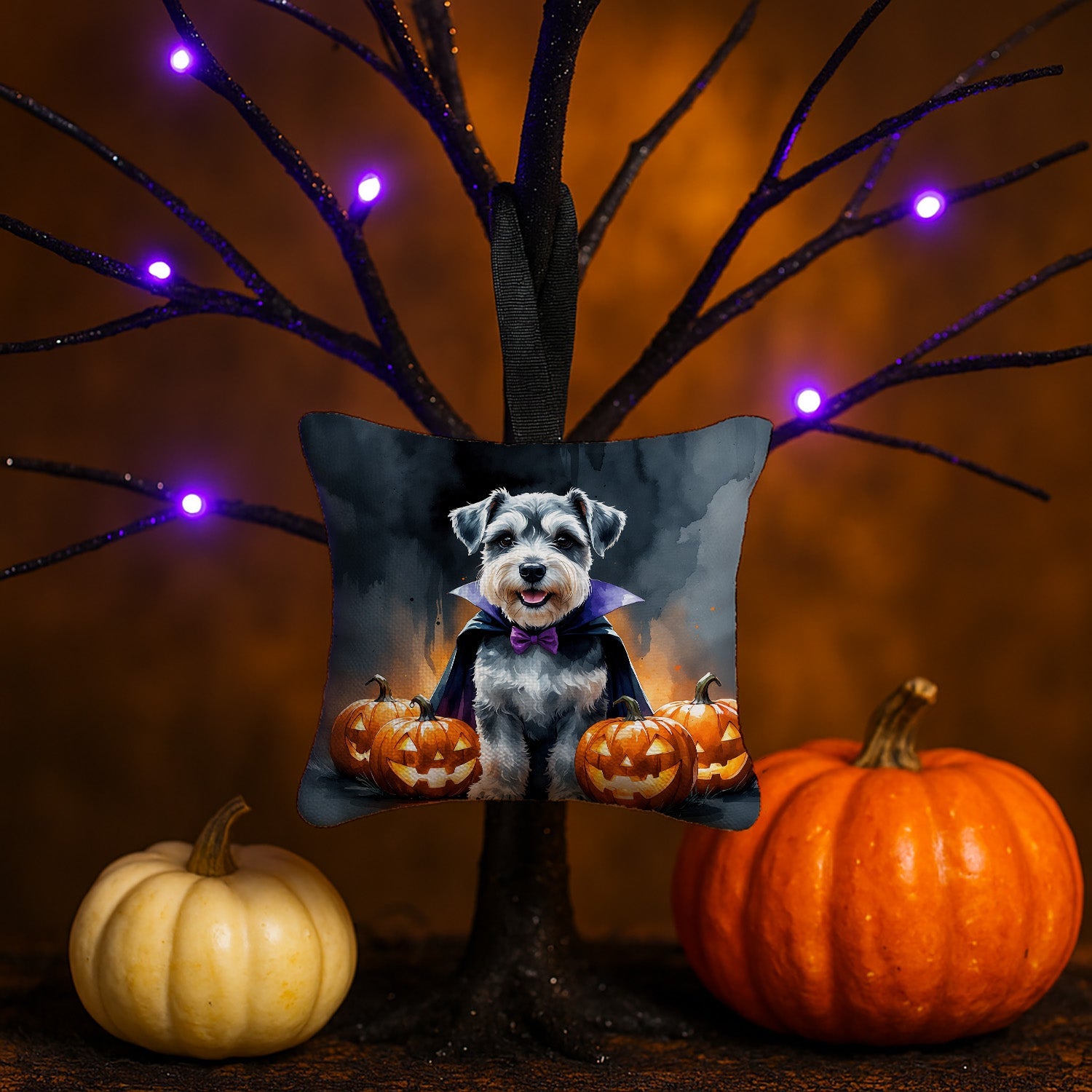 Schnauzer Puppy Halloween Hanging Square Fabric Ornament 3.5 × 3.5 Decorative Door-Knob & Tree Hanger, Soft Fabric