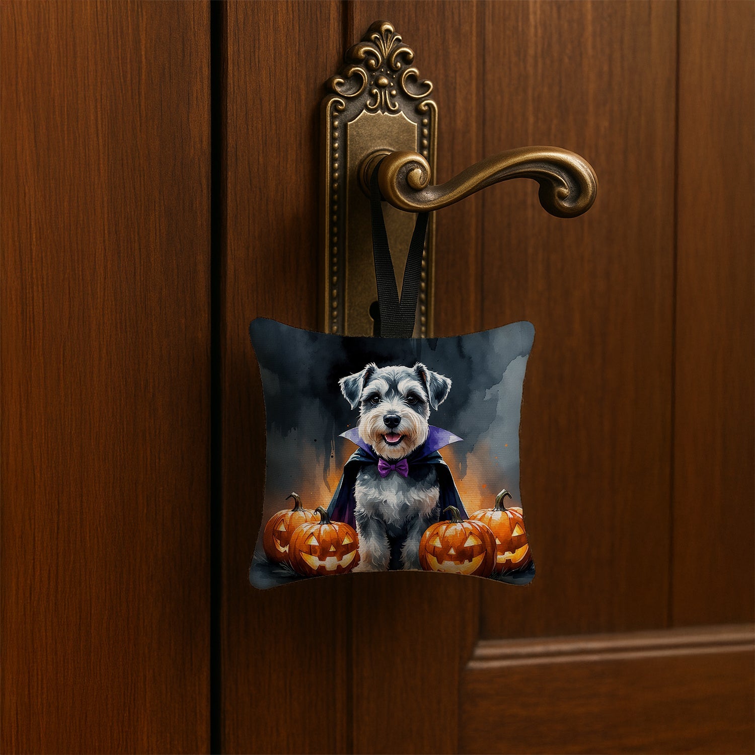 Schnauzer Puppy Halloween Hanging Square Fabric Ornament 3.5 × 3.5 Decorative Door-Knob & Tree Hanger, Soft Fabric