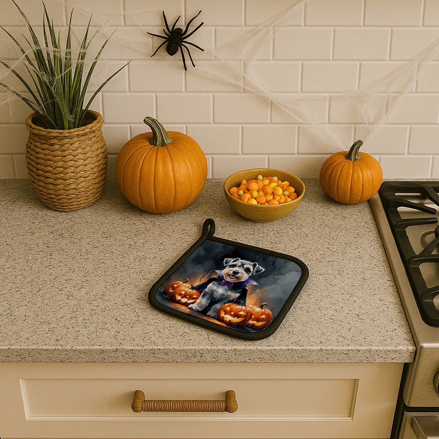 Schnauzer Puppy Halloween Pot Holder Set of 2 Heat Resistant Quilted Hot Pads 7.5 x 7.5 Inch, Insulated Kitchen Trivets for Cooking & Baking
