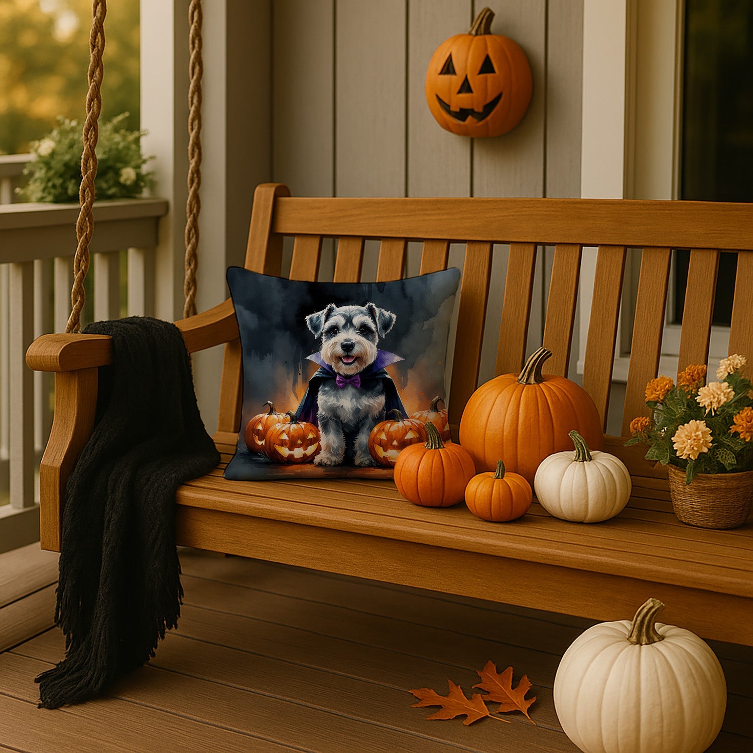 Schnauzer Puppy Halloween Decorative Throw Pillow 14x14 Indoor Outdoor Accent Cushion, Fabric Cover with Insert for Sofa, Bed, Porch & Living Room