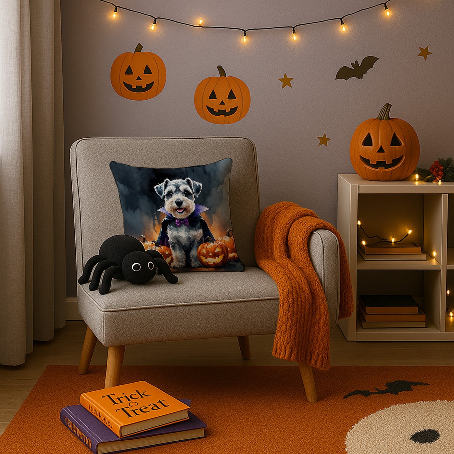 Schnauzer Puppy Halloween Decorative Throw Pillow 14x14 Indoor Outdoor Accent Cushion, Fabric Cover with Insert for Sofa, Bed, Porch & Living Room