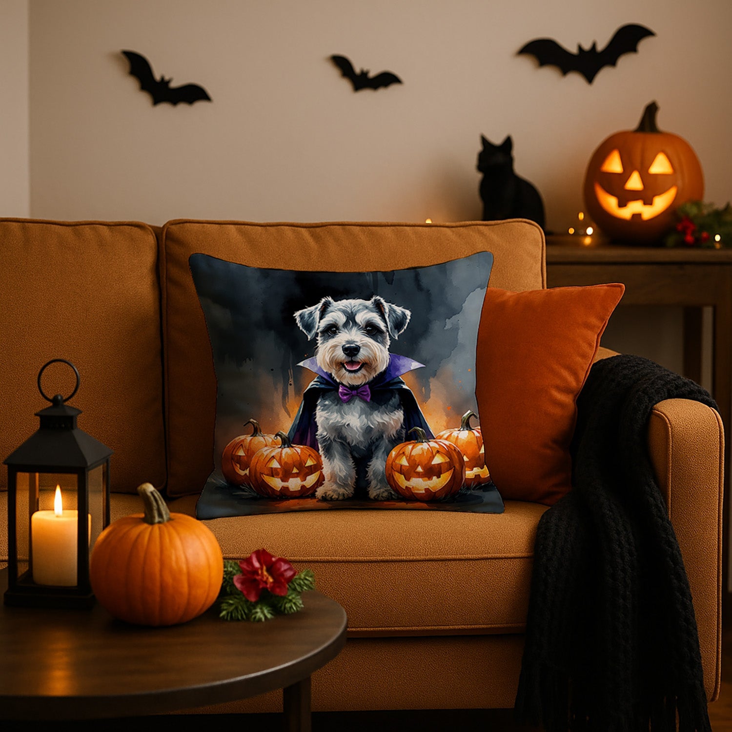 Schnauzer Puppy Halloween Decorative Throw Pillow 18x18 Indoor Outdoor Accent Cushion, Fabric Cover with Insert for Sofa, Bed, Porch & Living Room