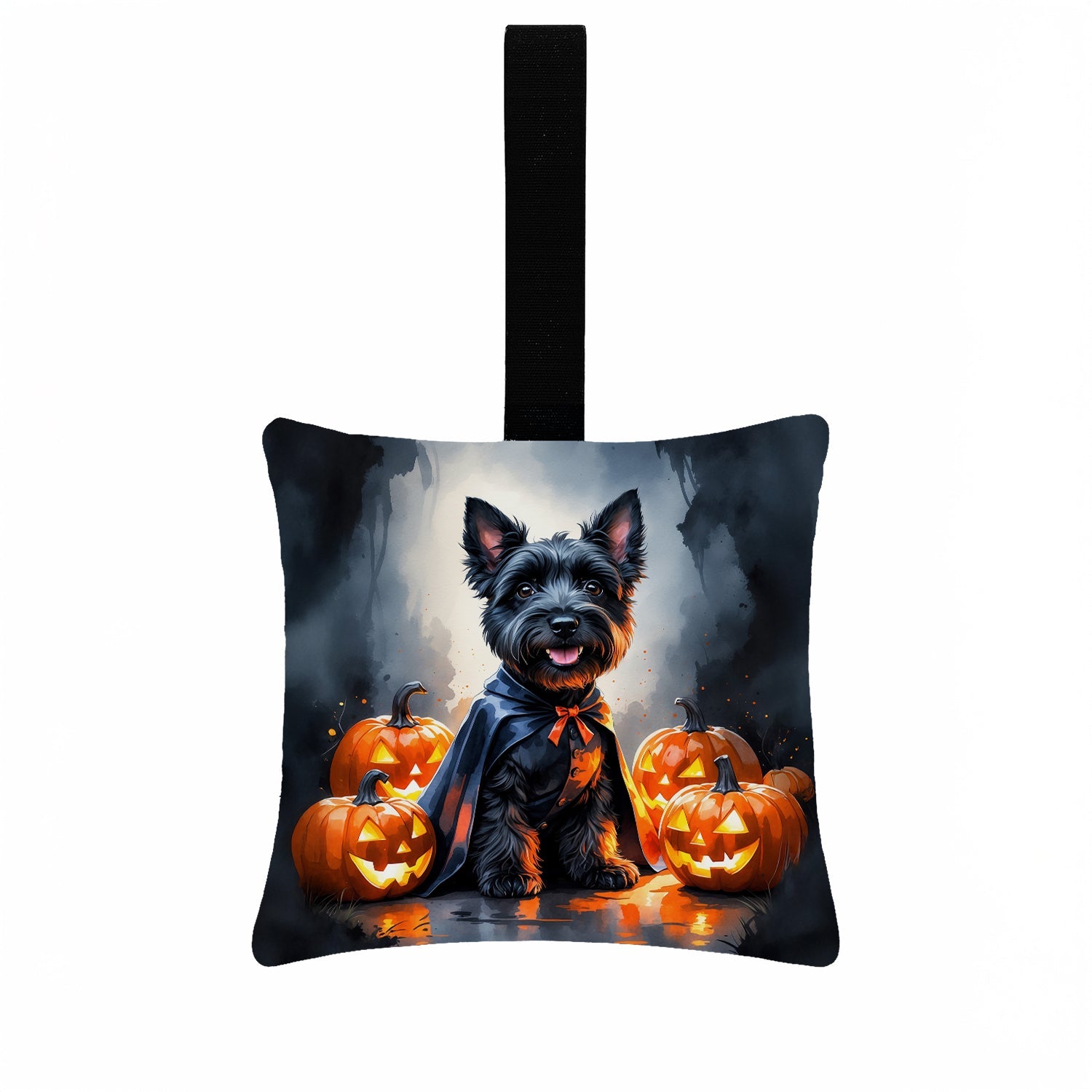 Scottish Terrier Puppy Halloween Hanging Square Fabric Ornament 3.5 × 3.5 Decorative Door-Knob & Tree Hanger, Soft Fabric