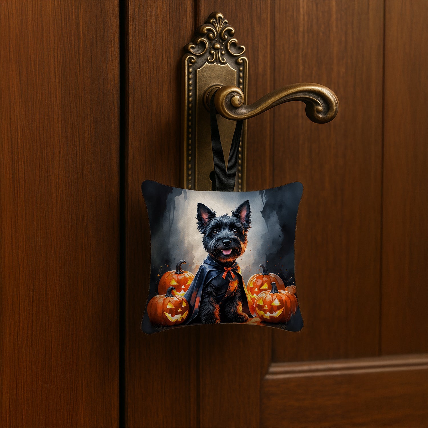 Scottish Terrier Puppy Halloween Hanging Square Fabric Ornament 3.5 × 3.5 Decorative Door-Knob & Tree Hanger, Soft Fabric
