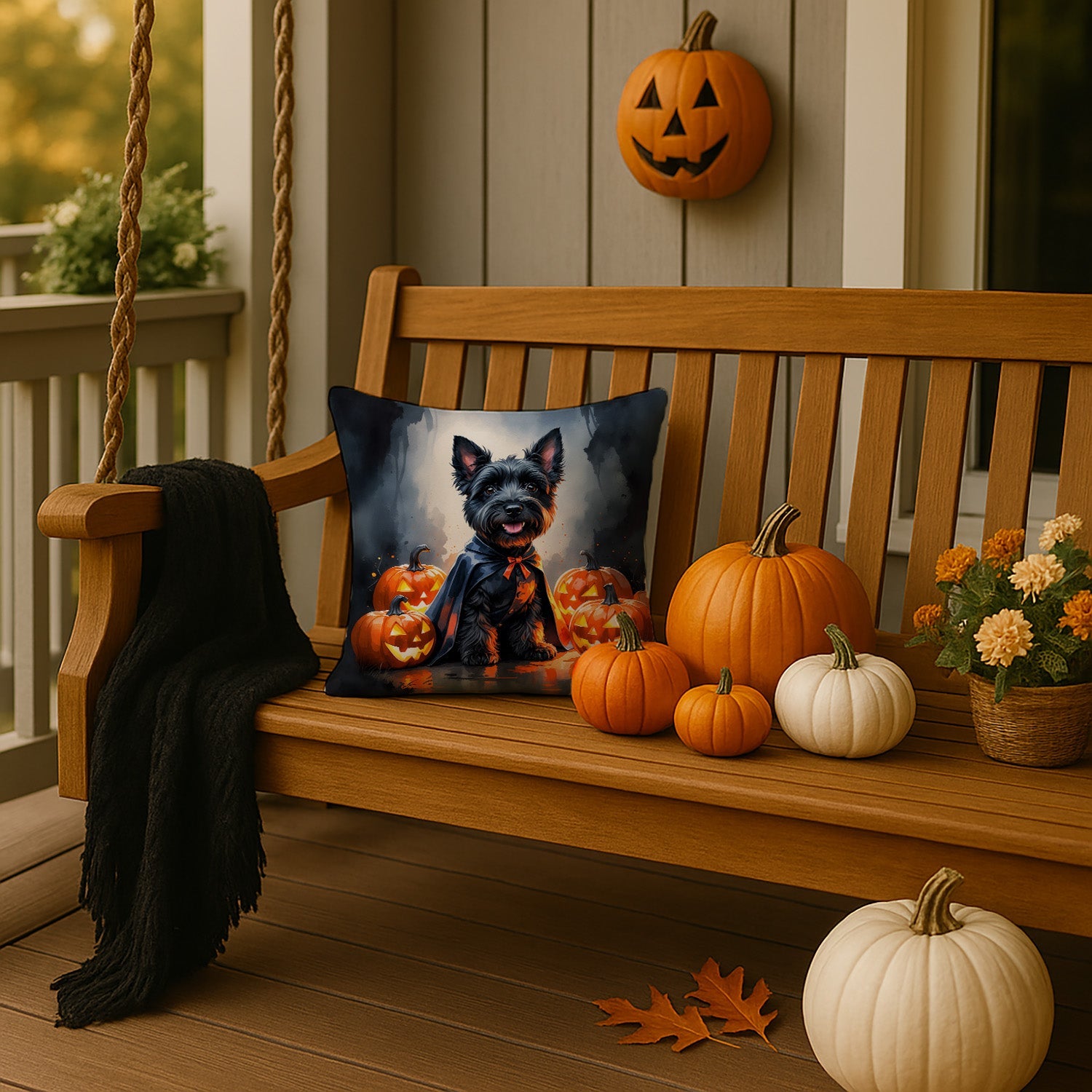 Scottish Terrier Puppy Halloween Decorative Throw Pillow 14x14 Indoor Outdoor Accent Cushion, Fabric Cover with Insert for Sofa, Bed, Porch & Living Room