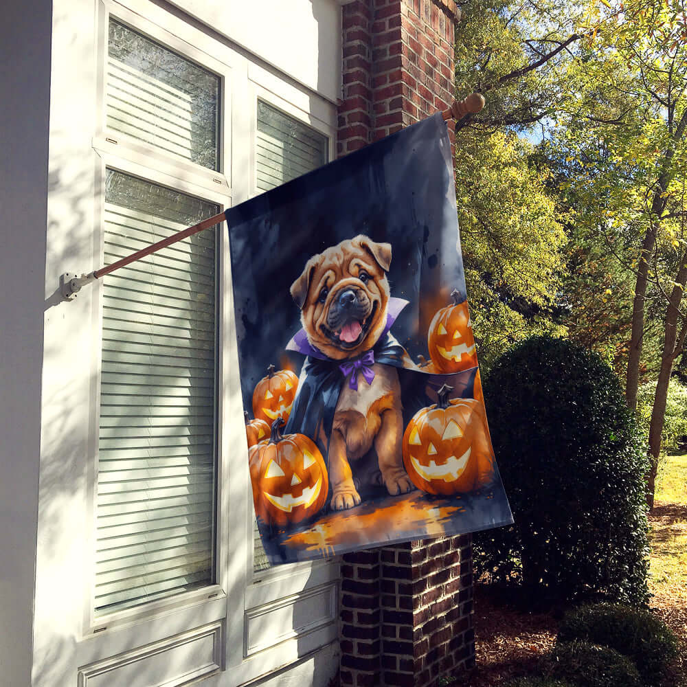 Shar Pei Puppy Halloween House Flag 28x40 Porch Sleeve Pole Decorative Outside Yard Banner Artwork Wall Hanging, Polyester