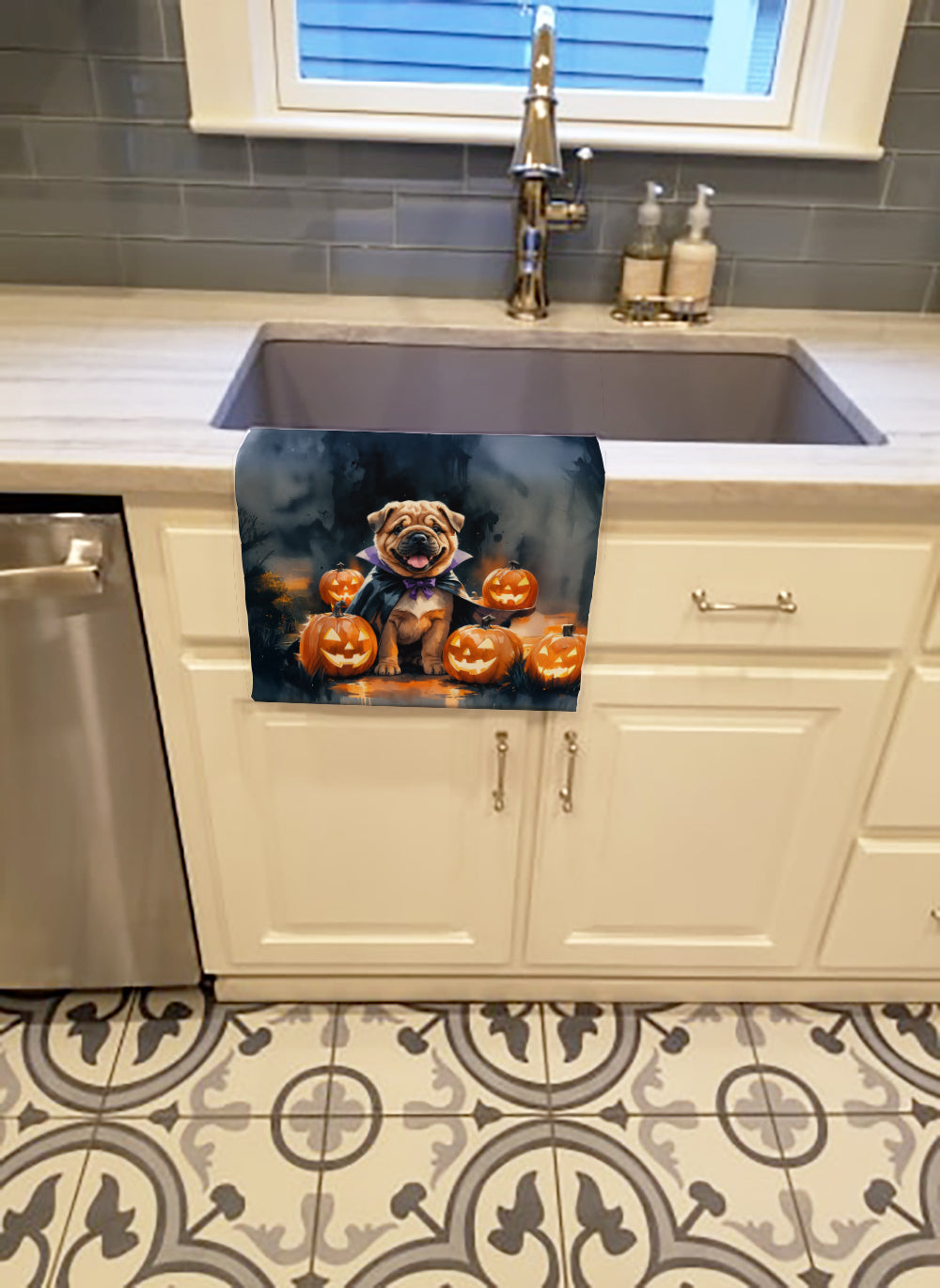 Shar Pei Puppy Halloween Kitchen Towel Velour Plush Front and Cotton Loop Back Machine Washable