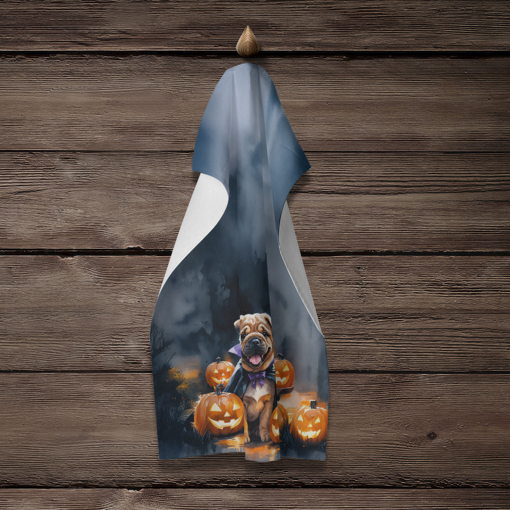 Shar Pei Puppy Halloween Kitchen Towel Velour Plush Front and Cotton Loop Back Machine Washable