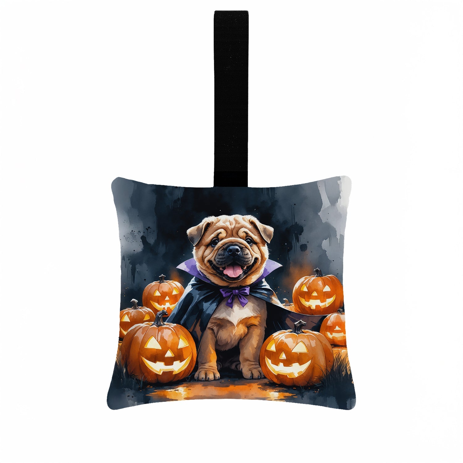 Shar Pei Puppy Halloween Hanging Square Fabric Ornament 3.5 × 3.5 Decorative Door-Knob & Tree Hanger, Soft Fabric