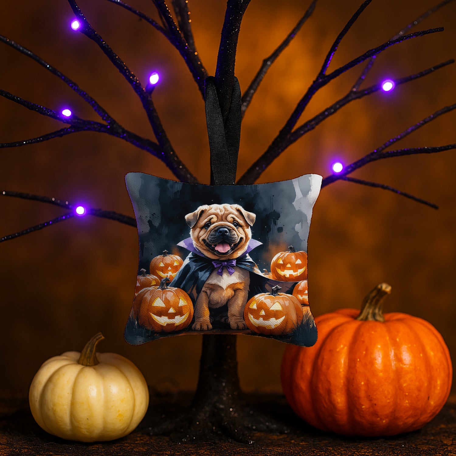 Shar Pei Puppy Halloween Hanging Square Fabric Ornament 3.5 × 3.5 Decorative Door-Knob & Tree Hanger, Soft Fabric