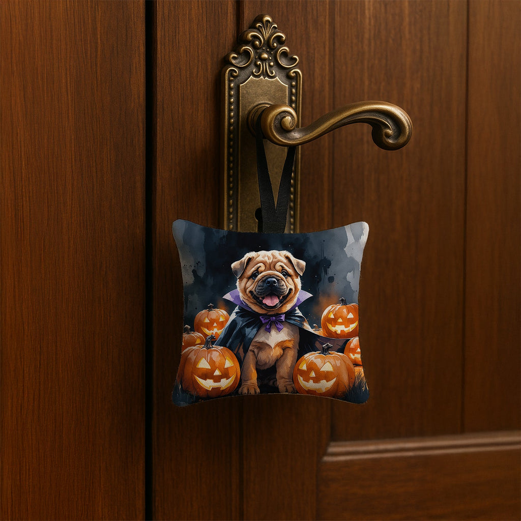 Shar Pei Puppy Halloween Hanging Square Fabric Ornament 3.5 × 3.5 Decorative Door-Knob & Tree Hanger, Soft Fabric