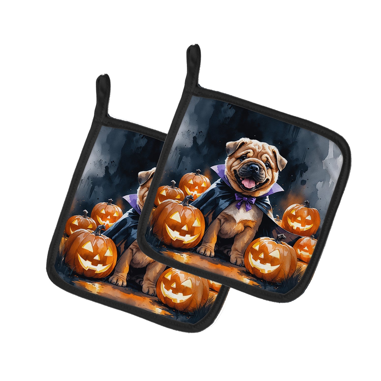 Shar Pei Puppy Halloween Pot Holder Set of 2 Heat Resistant Quilted Hot Pads 7.5 x 7.5 Inch, Insulated Kitchen Trivets for Cooking & Baking