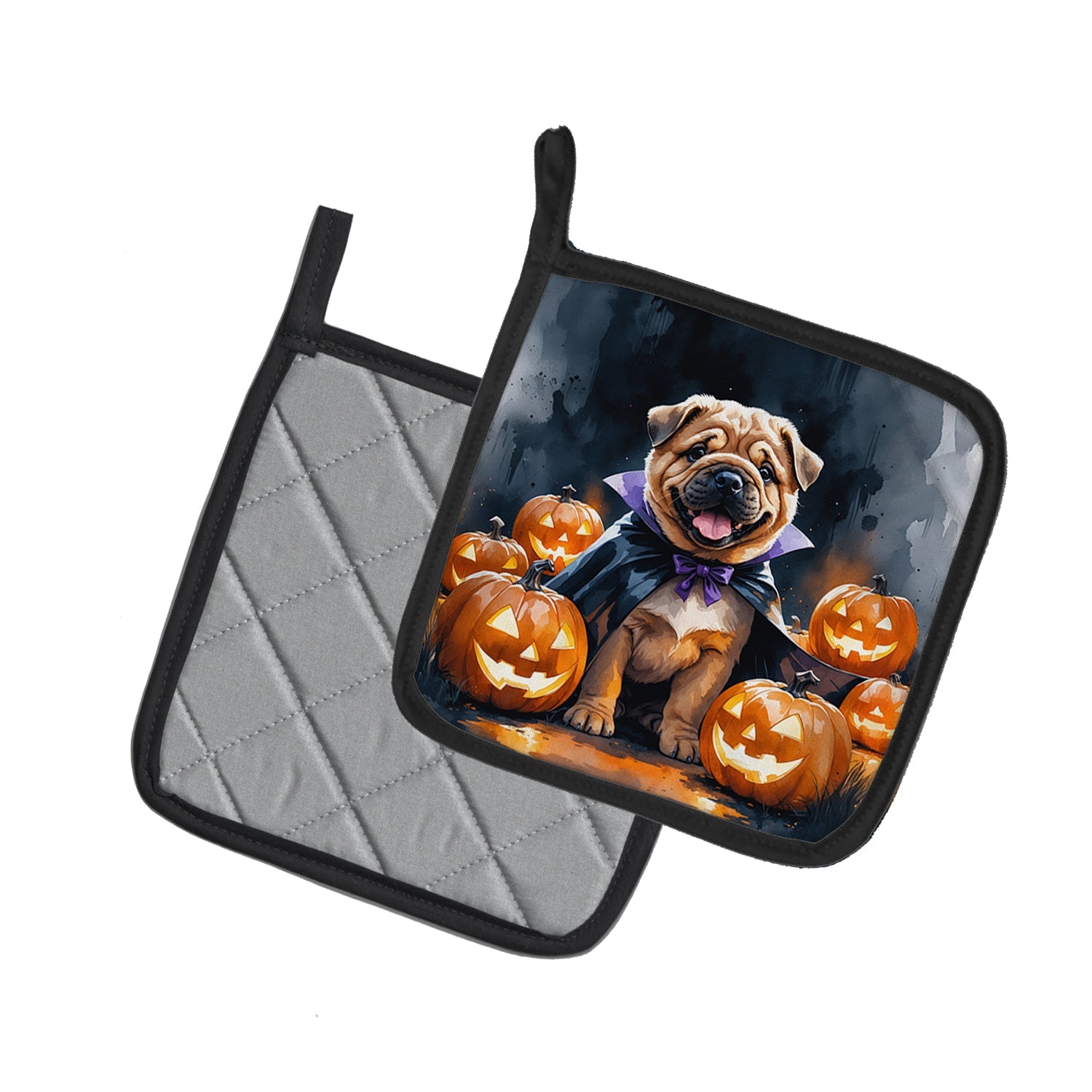 Shar Pei Puppy Halloween Pot Holder Set of 2 Heat Resistant Quilted Hot Pads 7.5 x 7.5 Inch, Insulated Kitchen Trivets for Cooking & Baking