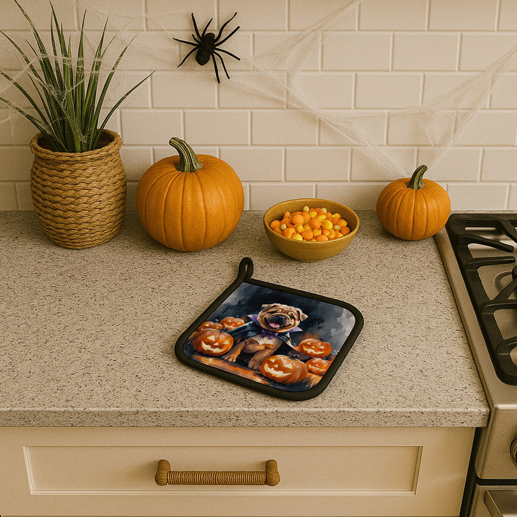 Shar Pei Puppy Halloween Pot Holder Set of 2 Heat Resistant Quilted Hot Pads 7.5 x 7.5 Inch, Insulated Kitchen Trivets for Cooking & Baking