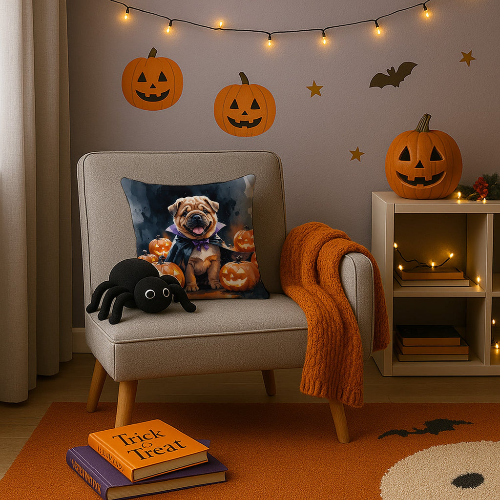 Shar Pei Puppy Halloween Decorative Throw Pillow 14x14 Indoor Outdoor Accent Cushion, Fabric Cover with Insert for Sofa, Bed, Porch & Living Room