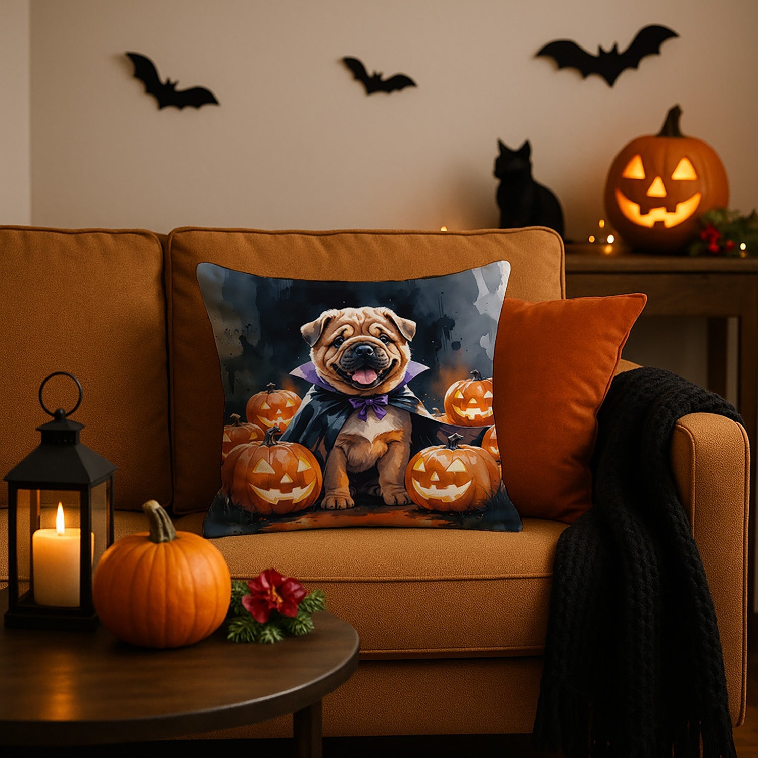 Shar Pei Puppy Halloween Decorative Throw Pillow 18x18 Indoor Outdoor Accent Cushion, Fabric Cover with Insert for Sofa, Bed, Porch & Living Room