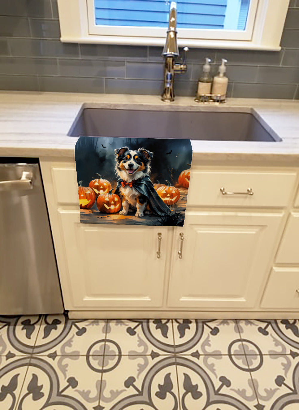 Sheltie Puppy Halloween Kitchen Towel Velour Plush Front and Cotton Loop Back Machine Washable
