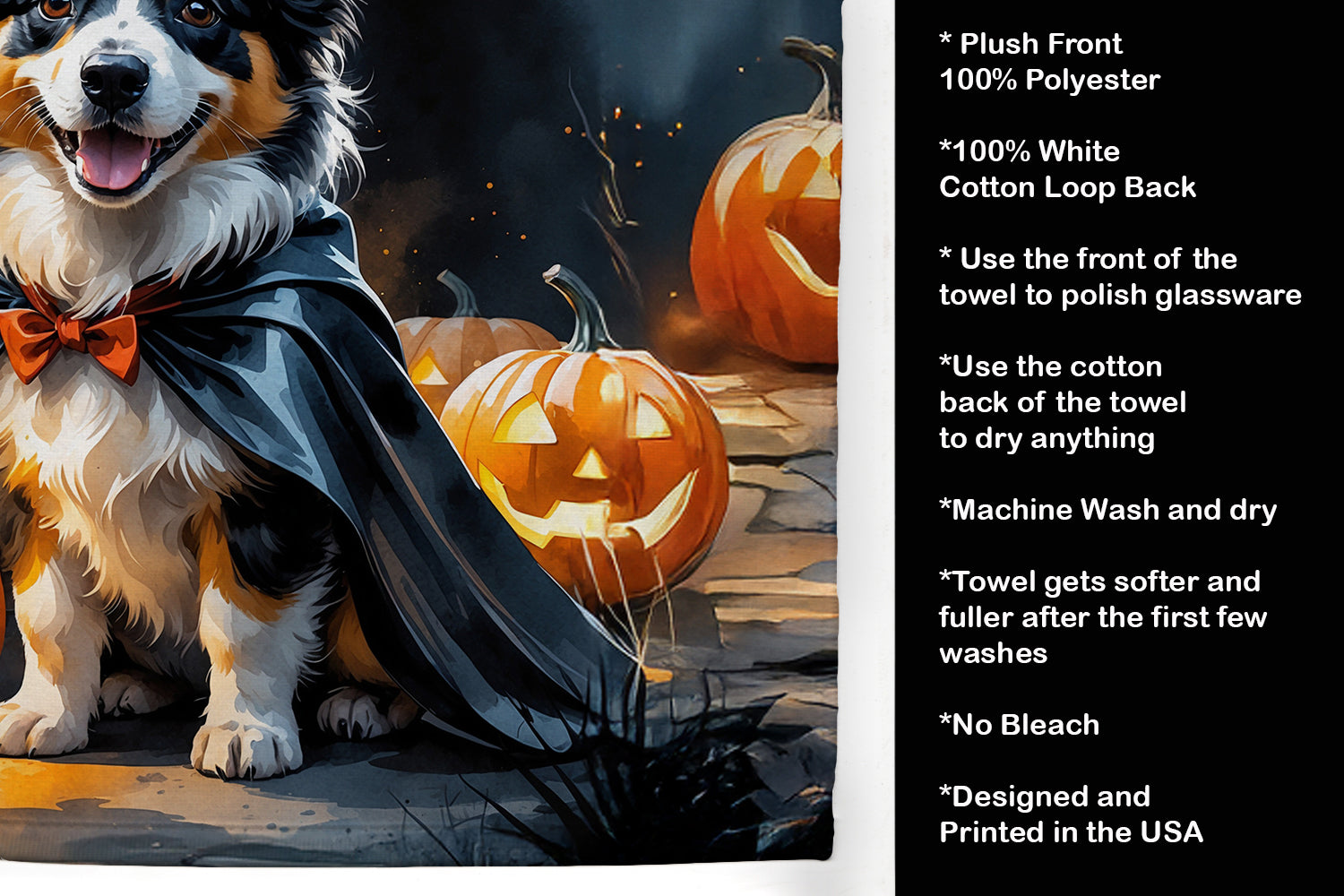 Sheltie Puppy Halloween Kitchen Towel Velour Plush Front and Cotton Loop Back Machine Washable