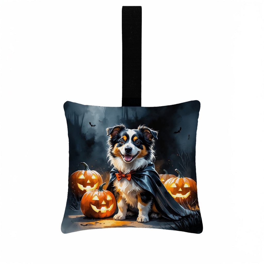 Sheltie Puppy Halloween Hanging Square Fabric Ornament 3.5 × 3.5 Decorative Door-Knob & Tree Hanger, Soft Fabric