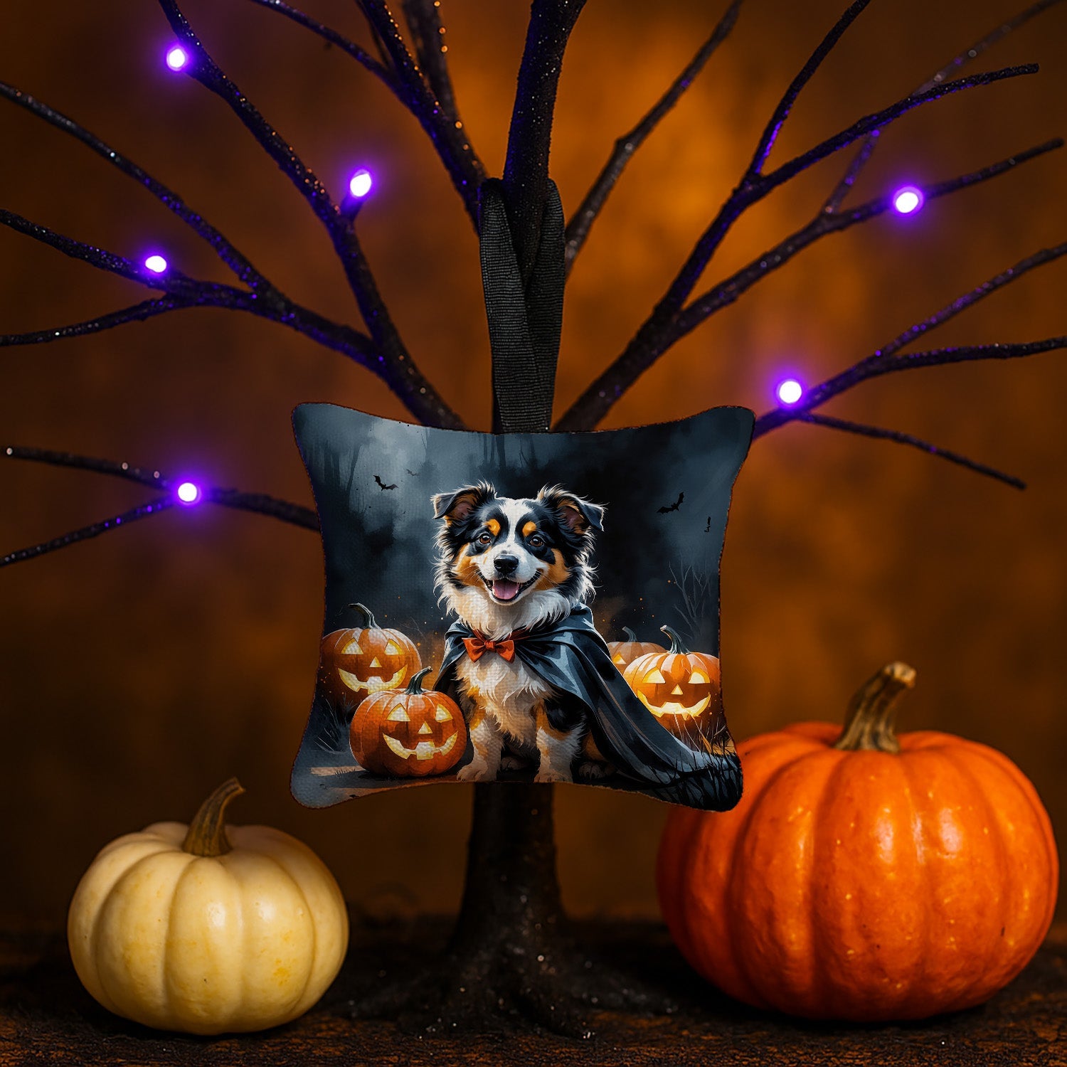 Sheltie Puppy Halloween Hanging Square Fabric Ornament 3.5 × 3.5 Decorative Door-Knob & Tree Hanger, Soft Fabric