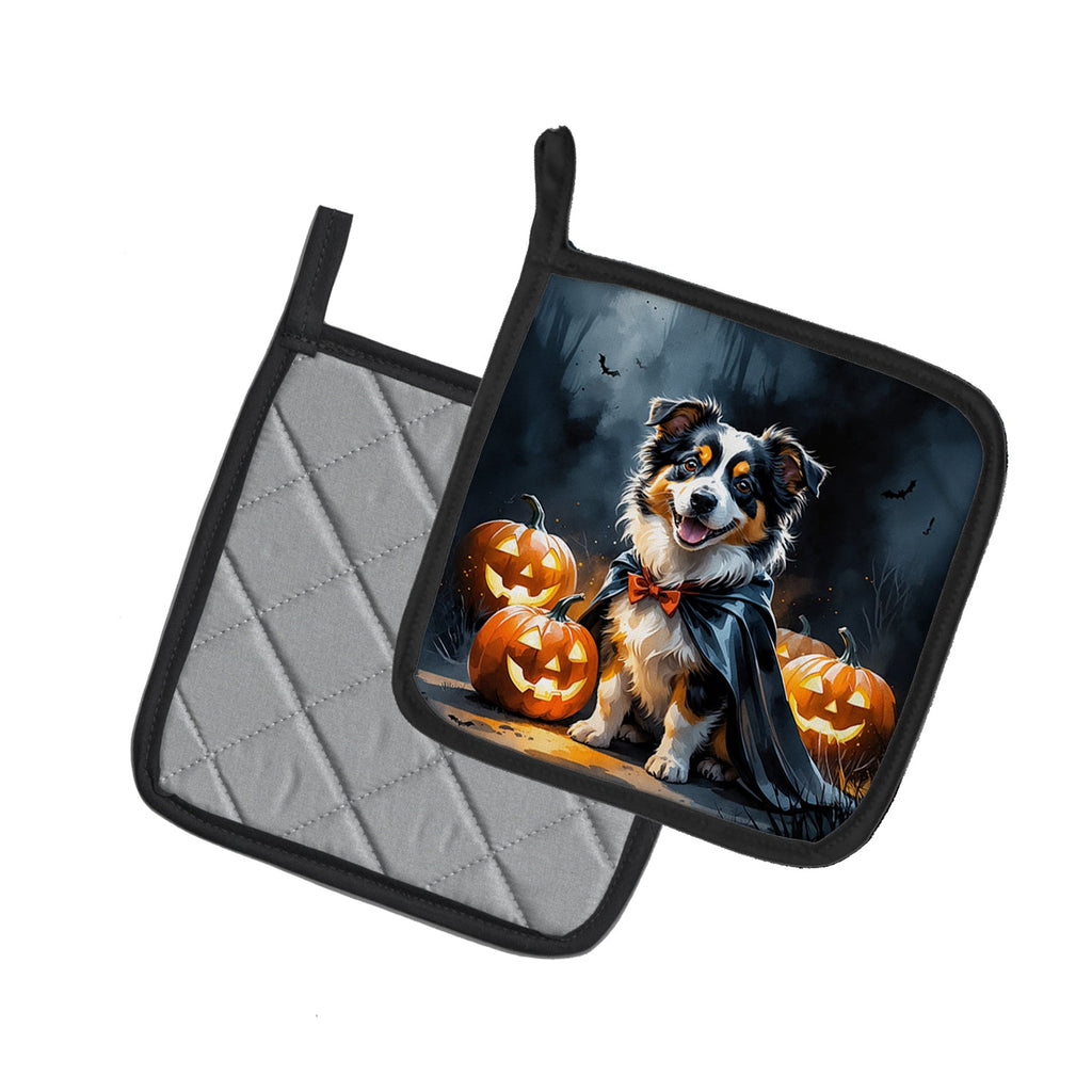 Sheltie Puppy Halloween Pot Holder Set of 2 Heat Resistant Quilted Hot Pads 7.5 x 7.5 Inch, Insulated Kitchen Trivets for Cooking & Baking