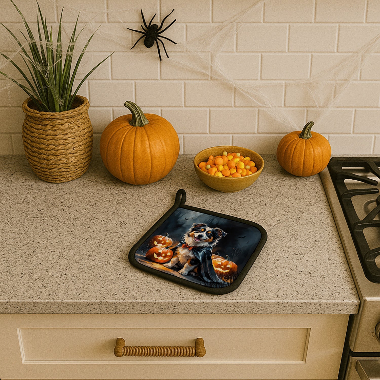 Sheltie Puppy Halloween Pot Holder Set of 2 Heat Resistant Quilted Hot Pads 7.5 x 7.5 Inch, Insulated Kitchen Trivets for Cooking & Baking