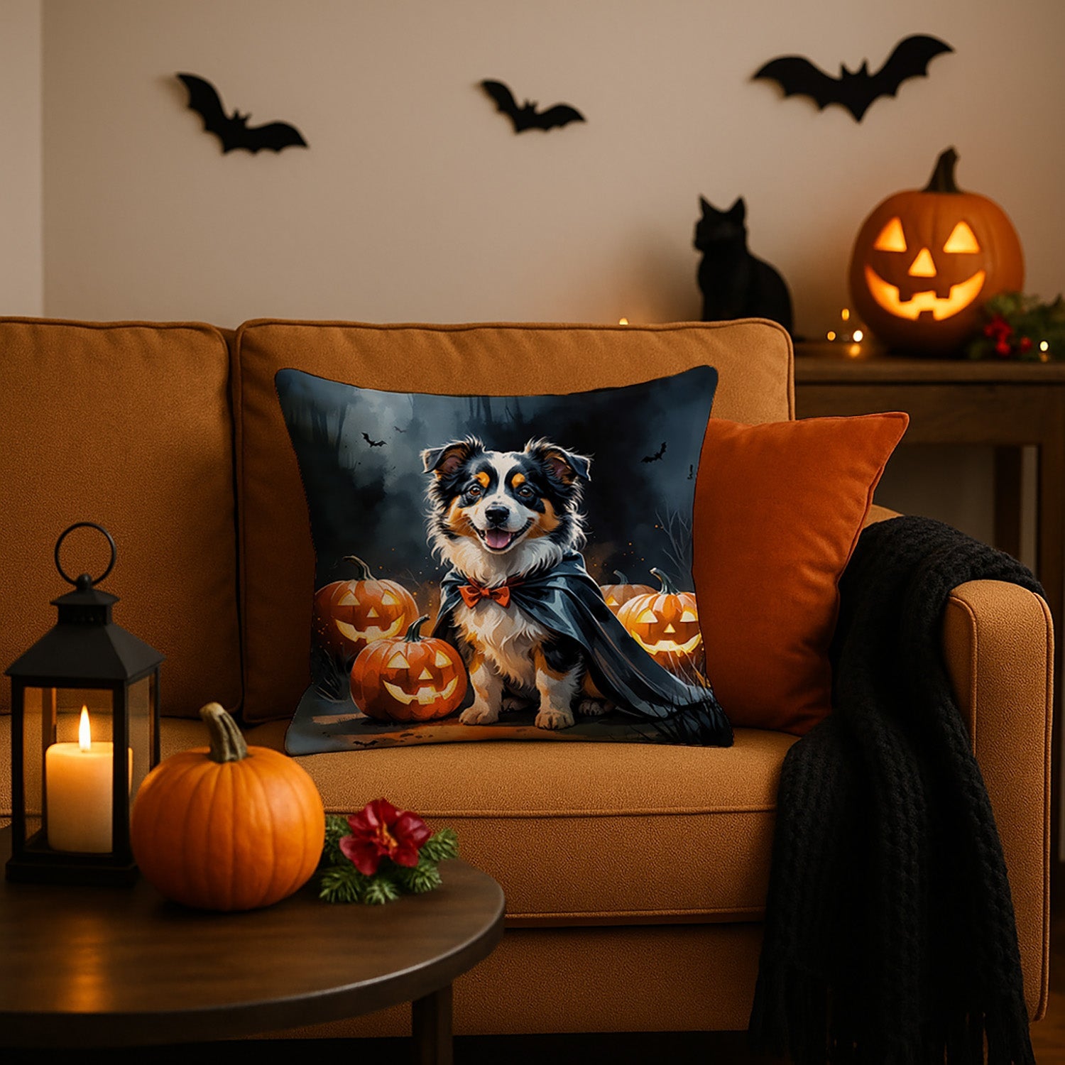 Sheltie Puppy Halloween Decorative Throw Pillow 18x18 Indoor Outdoor Accent Cushion, Fabric Cover with Insert for Sofa, Bed, Porch & Living Room