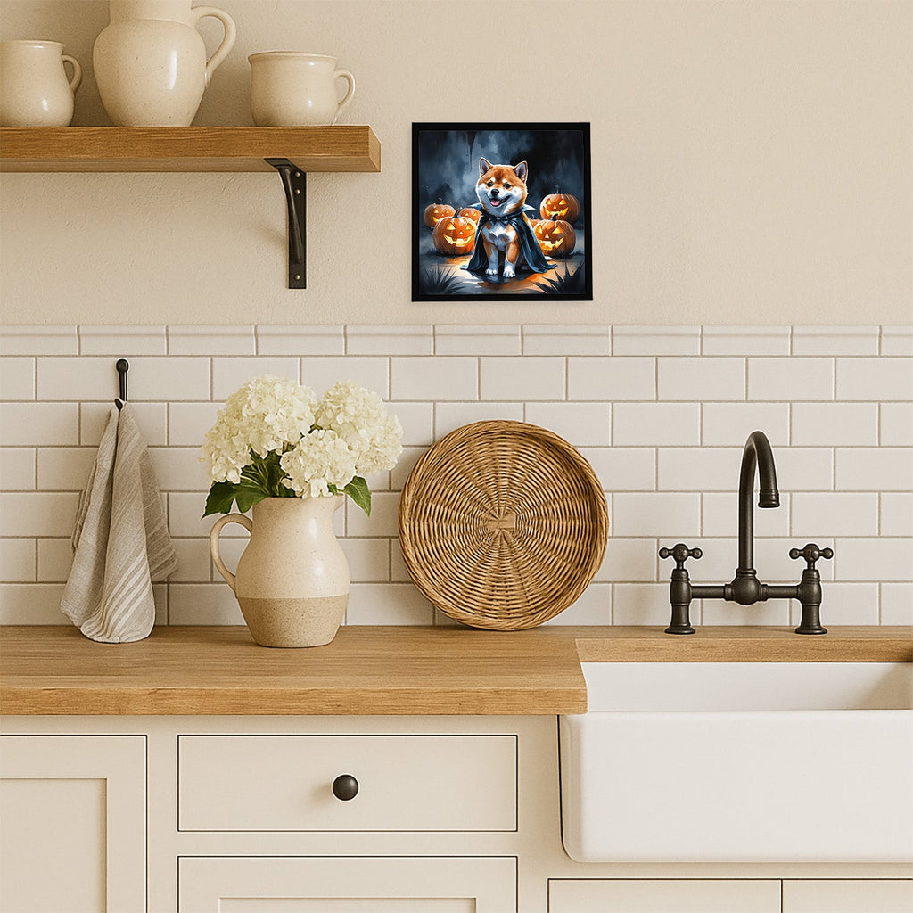 Shiba Inu Puppy Halloween Framed Metal Print Bathroom, Kitchen, Office, Home Decor Wall Art Ready to Hang, Square, 8X8