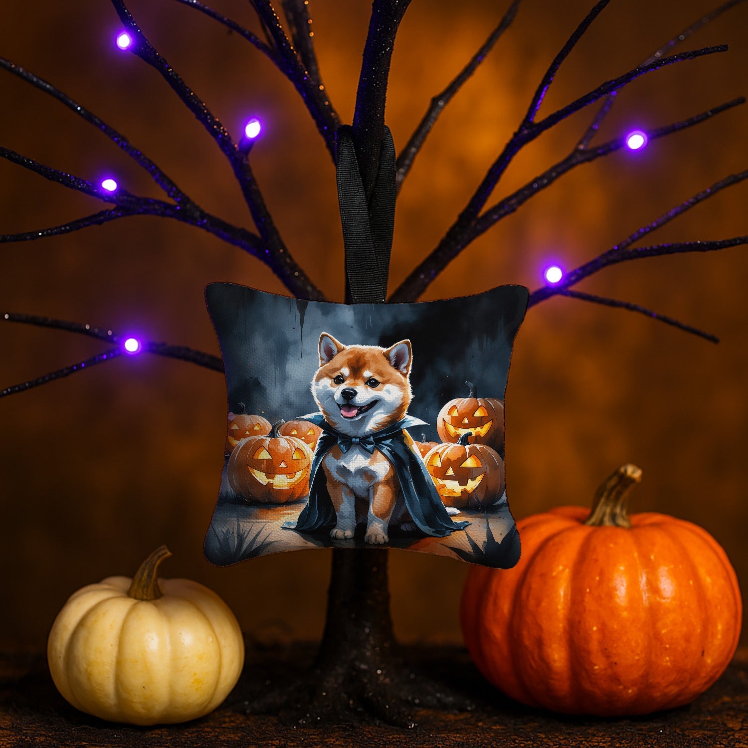 Shiba Inu Puppy Halloween Hanging Square Fabric Ornament 3.5 × 3.5 Decorative Door-Knob & Tree Hanger, Soft Fabric
