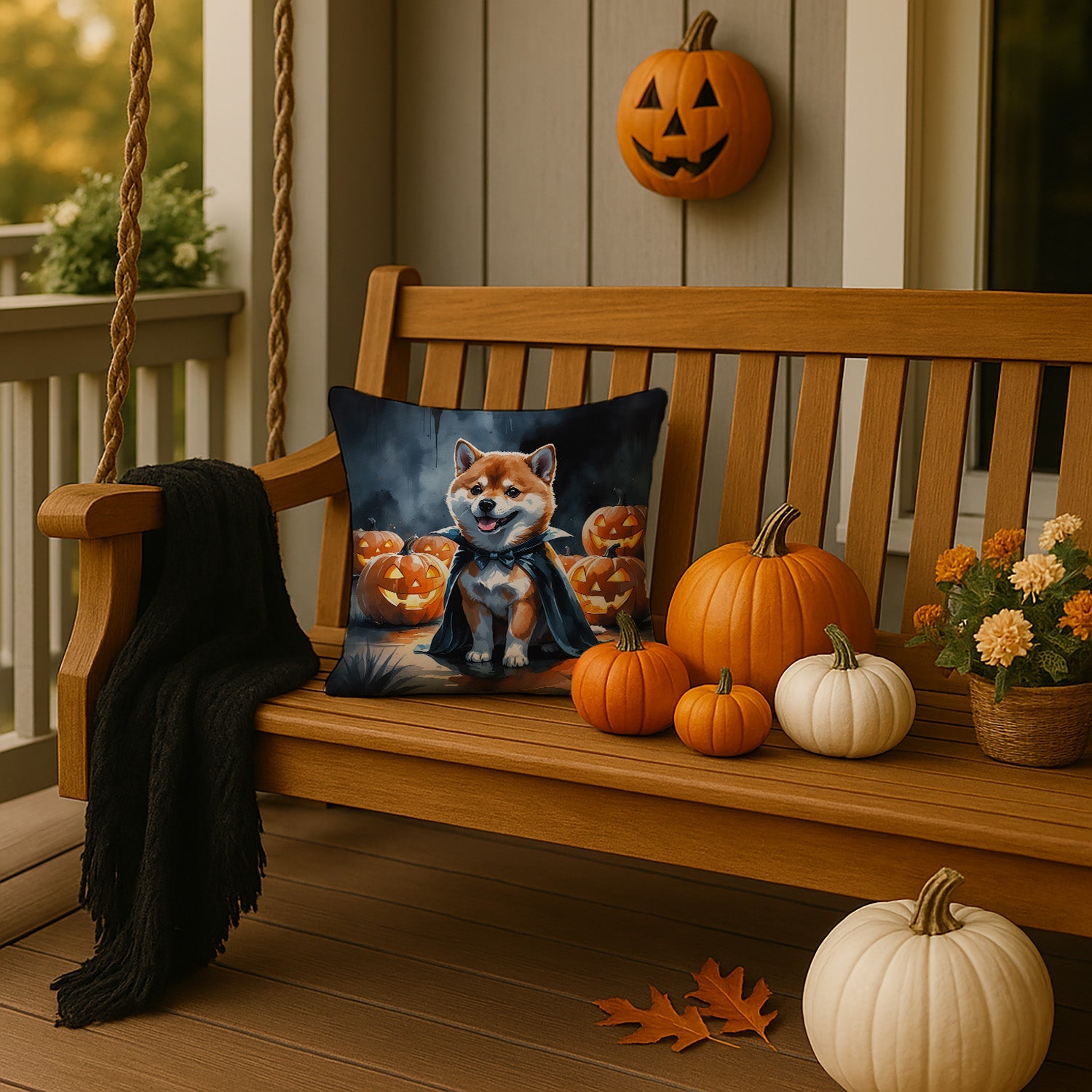 Shiba Inu Puppy Halloween Decorative Throw Pillow 14x14 Indoor Outdoor Accent Cushion, Fabric Cover with Insert for Sofa, Bed, Porch & Living Room